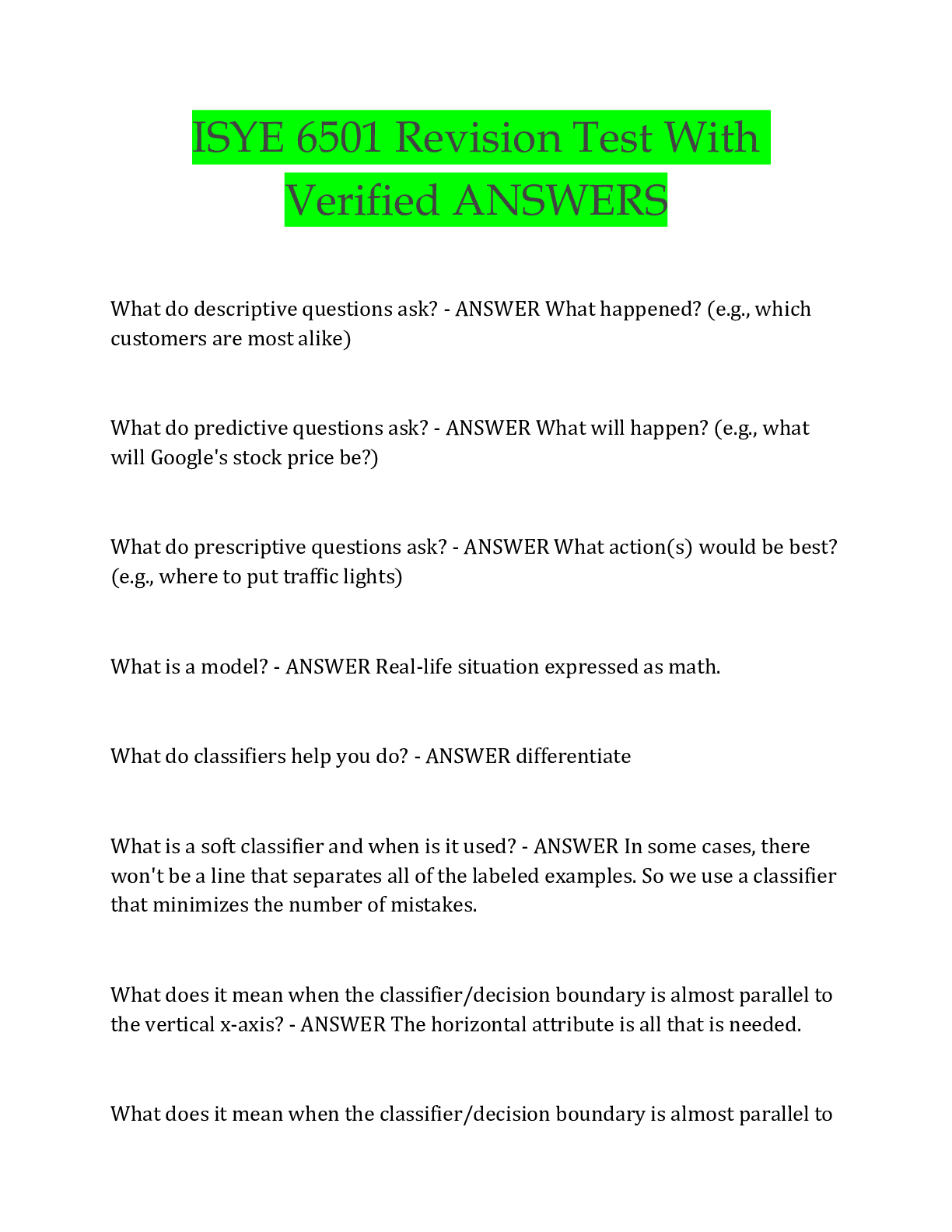 Preview image for ISYE 6501 Revision Test With  Verified ANSWERS